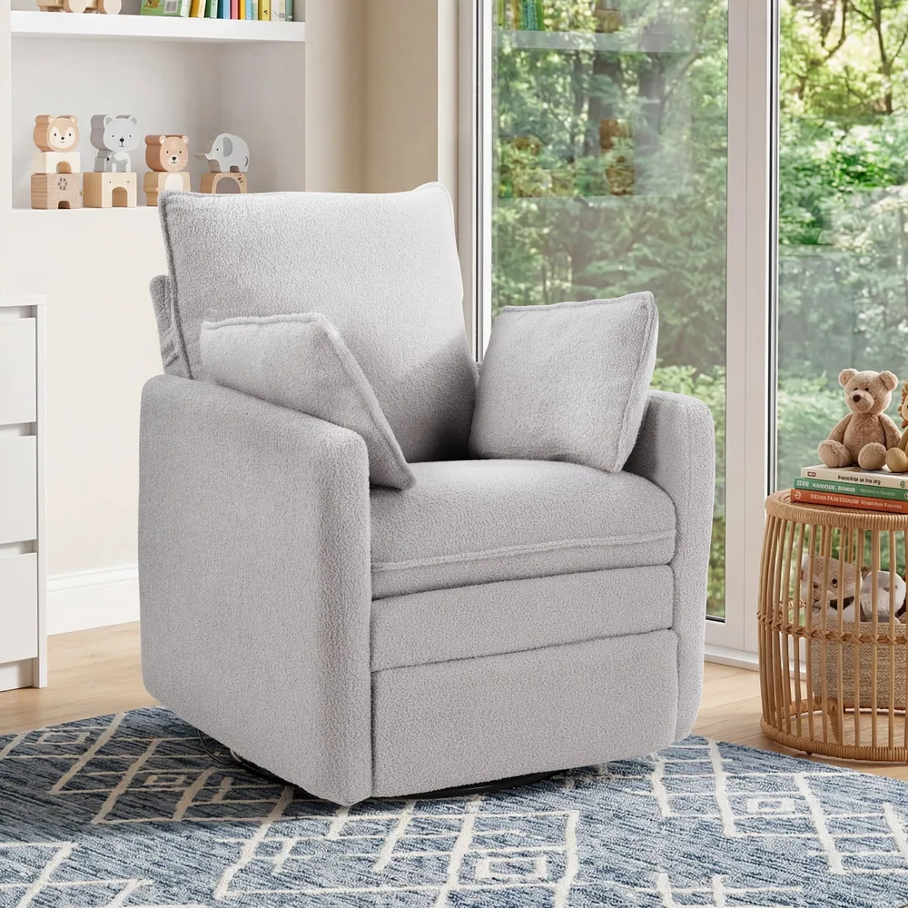 Manual 360° Swivel Glider Rocker Recliner Chair with Side Pockets & Armrest Bags, Gray